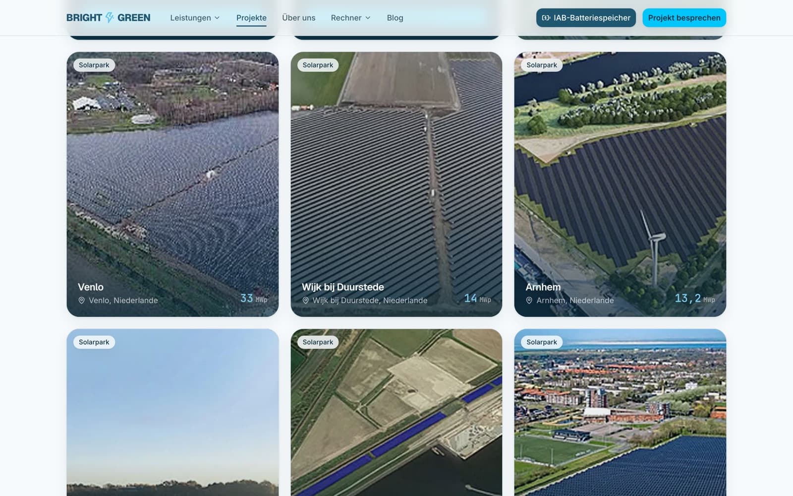 Projektübersicht auf brightandgreen.de: Luftbilder der Solarparks Venlo mit 33 MWp, Wijk bij Duurstede mit 14 MWp und Arnhem mit 13,2 MWp, alle in den Niederlanden