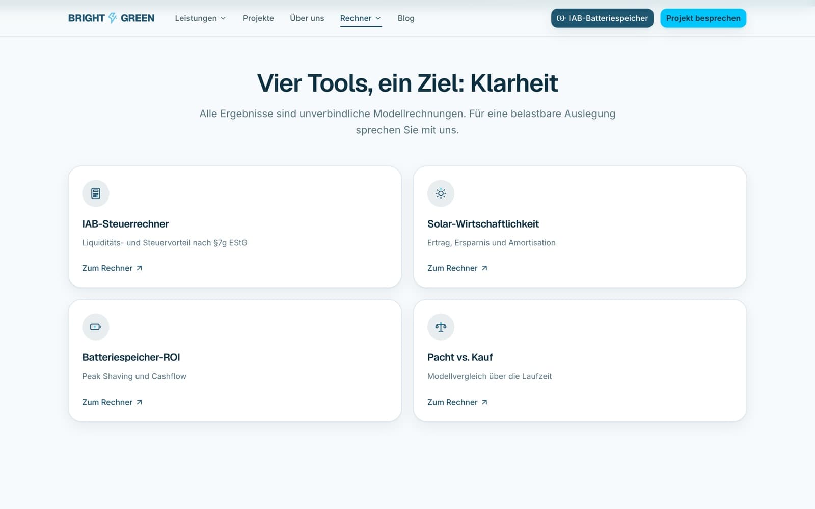 Rechnerübersicht auf brightandgreen.de: „Vier Tools, ein Ziel: Klarheit“ über den Kacheln IAB-Steuerrechner, Solar-Wirtschaftlichkeit, Batteriespeicher-ROI und Pacht vs. Kauf