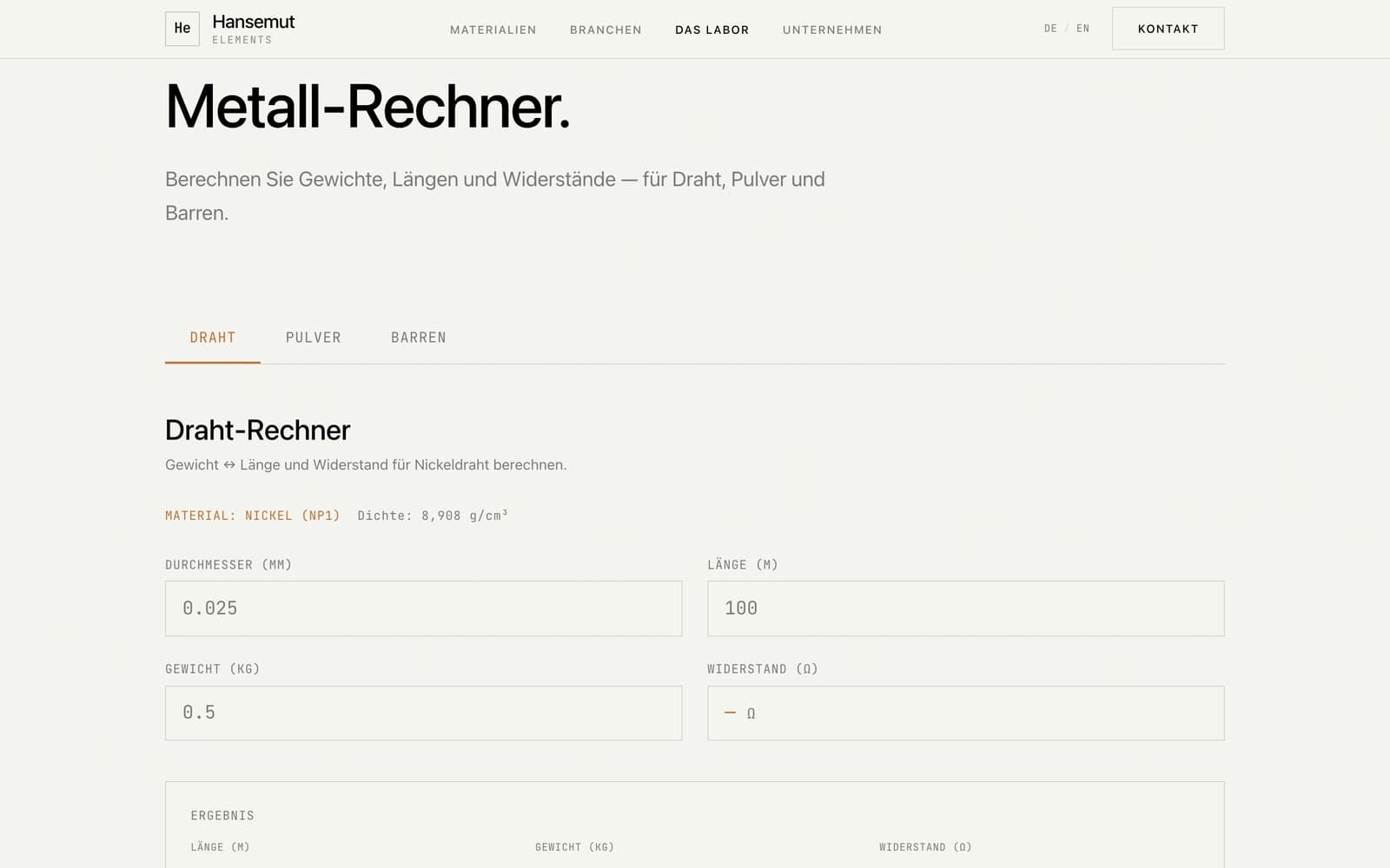 Metall-Rechner auf elements.hansemut.de: Reiter für Draht, Pulver und Barren, darunter der Draht-Rechner mit Durchmesser, Länge, Gewicht und Widerstand