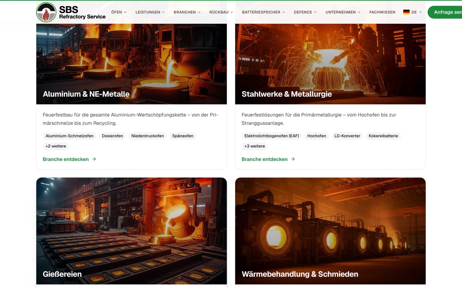 Branchenübersicht auf sbs-rs.de: die Kacheln Aluminium & NE-Metalle, Stahlwerke & Metallurgie, Gießereien und Wärmebehandlung & Schmieden, jede mit ihren Ofentypen als Marken darunter