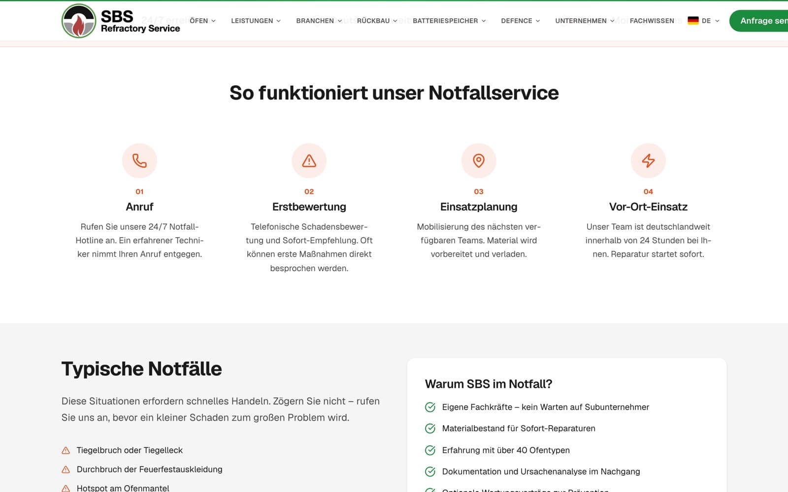 Notfallseite auf sbs-rs.de: „So funktioniert unser Notfallservice“ mit den vier Schritten Anruf, Erstbewertung, Einsatzplanung und Vor-Ort-Einsatz, darunter die Liste „Typische Notfälle“