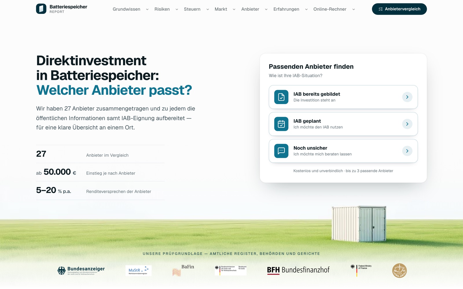Startseite des Batteriespeicher-Reports